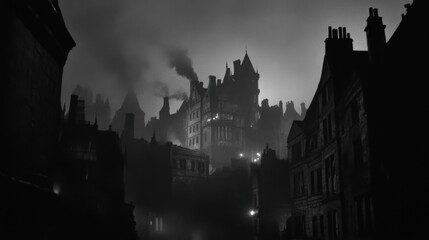 Obraz premium A dark, gothic city hidden in the mist, its towering buildings barely visible through the fog, evoking a sense of mystery and unease.