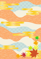 和柄背景に紅葉と金のヱ雲をあしらった背景イラスト素材