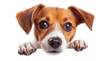 A curious dog peers over a surface with big, expressive eyes, capturing the moment of inquiry and innocence in bright lighting.