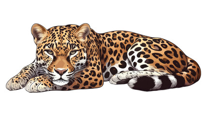 Obraz premium A resting leopard showcasing its distinctive coat pattern in a natural habitat setting during daylight hours.