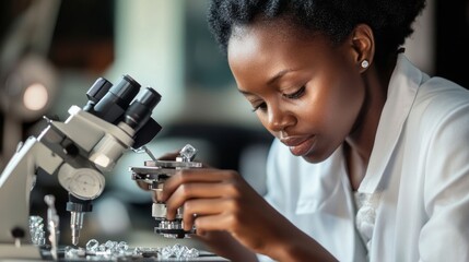 African woman working with a microscope and magnifying glass to grade the purity of diamonds
