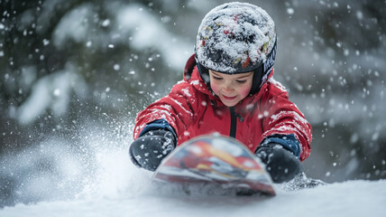 A joyful child sledding down a snowy hill on a winter day in a forested area