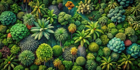 Fototapeta premium Vintage Monochrome Botanical Illustration of Tropical Trees - Aerial Perspective in Linear Style for Nature and Art Lovers