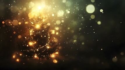 Obraz premium A beautifully lit Christmas tree stands in a snowy landscape, with warm golden lights and bokeh effects creating a magical atmosphere..