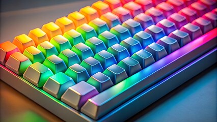 Close-up view of a keyboard illuminated with a colorful rainbow gradient, showcasing the reflective surface of the keys and the smooth metallic frame.