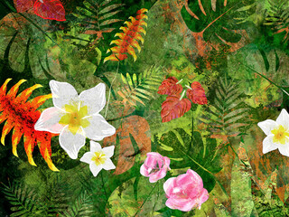 Vibrant tropical flowers. Tropical Exotic plants and palm tree, banana leaves. Layering, translucent effect floral design