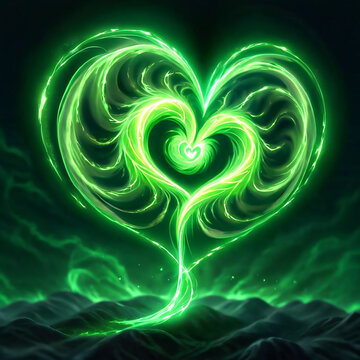 A glowing green heart with swirling energy forms against a dark background, resembling a mystical or magical symbol. The heart is surrounded by a hazy green mist that appears to emanate from the groun