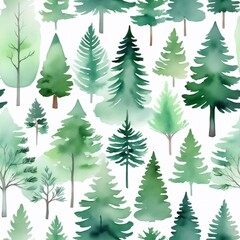 Obraz premium Muted Green Watercolor Evergreen Trees Pattern - Seamless tile