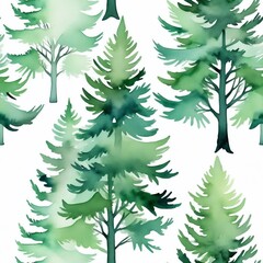 Fototapeta premium Muted Green Watercolor Evergreen Trees Pattern - Seamless tile