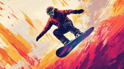 Naklejka premium Snowboarder performs an aerial trick against a vibrant sunset backdrop in winter sport action