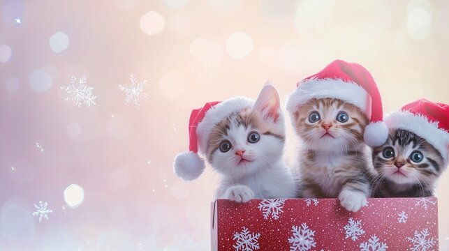 Three cute kittens in santa hats symbolize festive joy and warmth. Christmas cheer