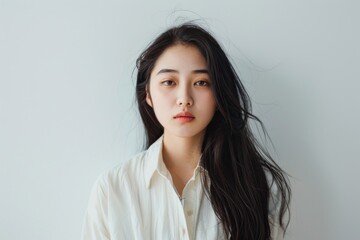 Portrait of a Young Woman with Long Dark Hair in a White Shirt