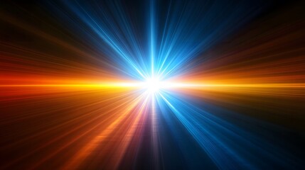 An abstract image featuring a bright light burst with blue and orange rays extending outwards, creating a sense of energy and contrast..