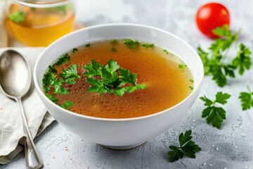 Healthy diet food concept meat broth with parsley in white bowl fresh herb tomato and spoon on light background