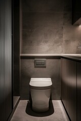 A toilet in a bathroom with dark walls and cabinets. AI.