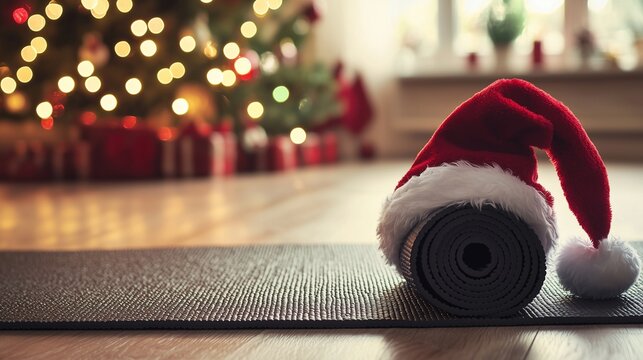 A yoga mat with a santa hat symbolizes holiday wellness through sport and festive balance.