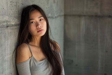 Fototapeta premium Pensive Young Woman Leaning Against Concrete Wall in Casual Gray Top