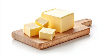 A fresh cut block of butter on a textured wooden board, soft natural lighting, isolated against a pure white background, perfect for culinary stock