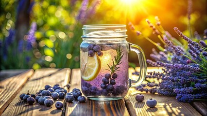 Summertime Refreshment A Cool Glass of Lemonade with a Lemon Wedge and Fresh Blueberries, Surrounded by Lavender Blossoms on a Rustic Wooden Table, Sunbeams Filtering Through the Garden