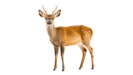 A young deer stands gracefully against a transparent background, showcasing its slender body and budding antlers during daylight.