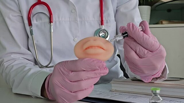 Closeup of lips augmentation. Syringe female mouth. Cosmetology Treatment