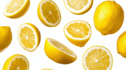 Fototapeta premium A set of freshly sliced, juicy lemons suspended mid-air, their vibrant yellow color contrasted on a clean white background. Each slice reveals glossy citrus texture