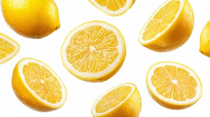 Fototapeta premium A set of freshly sliced, juicy lemons suspended mid-air, their vibrant yellow color contrasted on a clean white background. Each slice reveals glossy citrus texture