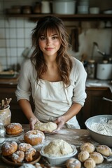 Female baker baking, kneading, preparing fresh cookies. Bakery. Bake. Cookies.	