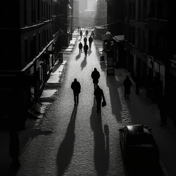 A city with the silhouette of a People on the land during a snowy day. black and white photography