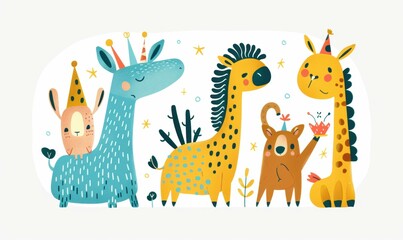 Naklejka premium A group of cute animals wearing party hats. AI.