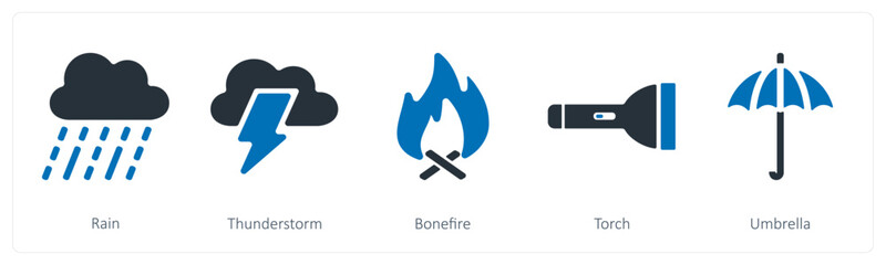 A set of 5 summer and travel icons as rain, thunderstorm, bonfire