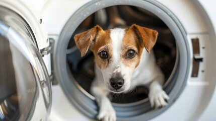 A dog looks out from inside a washing machine. AI.