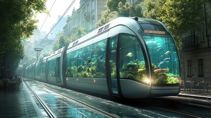 Futuristic tram with an aquarium on the side, filled with fish and plants.