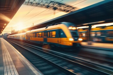 Naklejka premium High speed yellow train in motion on railway platform at sunset with blurred background