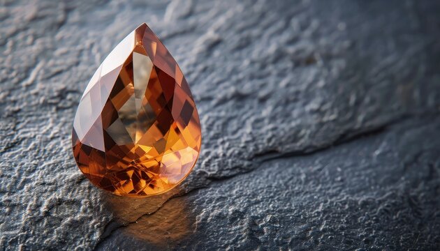 Heat treated genuine topaz gemstone in a drop shaped millennium cut showcasing its natural brown color zones set on a dark gray background perfect for creating