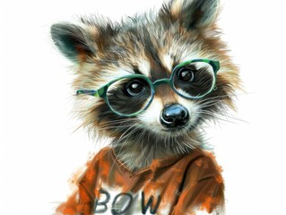 Obraz premium A raccoon wearing glasses looks at the camera. AI.