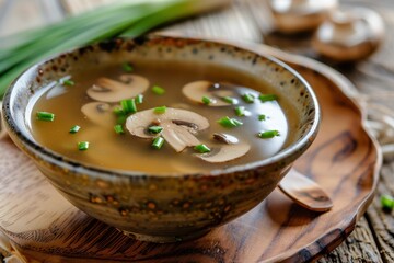 Homemade mushroom shimeji soup with chive as Japanese appetizer