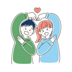 上半身でハートをつくる仲良しペア[男女]のゆるいイラスト
