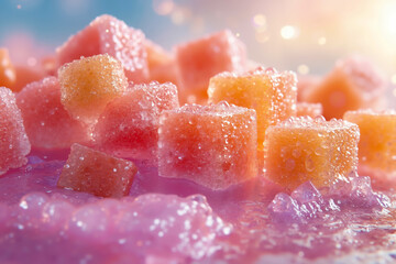 A pile of pink and orange sugar cubes sitting on top of a table