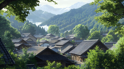 Fototapeta premium Serene village in a lush green valley with traditional Japanese houses, surrounded by trees and mist, creating a tranquil and picturesque scene.
