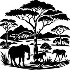 African landscape silhouettes of animals. hand drawing. Not AI, Vector illustration.