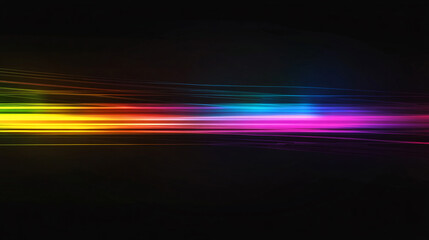 Neon futuristic flashes on black background. Motion light lines backdrop. For banner, postcard, illustration. Blur neon light. Lens flare overlay. Bokeh fluorescent flash gleam.
