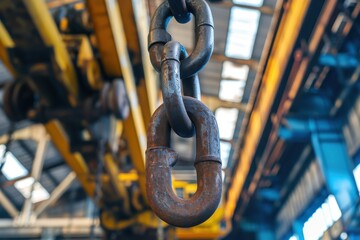 Iron chain with hook on overhead crane at industrial site