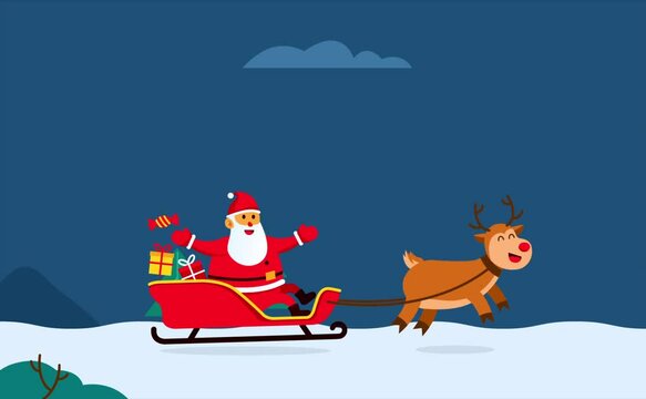 Happy santa and rudolf acrross snow at christmas night.