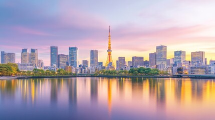 Naklejka premium Tokyo Skyline at Sunset with Reflections in Water