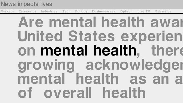 Mental Health awareness drives attention to the rising need for open conversations + education, dynamic headlines glitch transitions - Seamless looped animation with abstract internet news titles