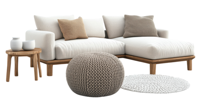 Modern indoor seating arrangement featuring a sectional sofa, pouf, and decorative accessories in a cozy living space.
