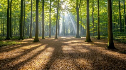 Obraz premium Serene Forest with Sunlight Streaming Through Trees
