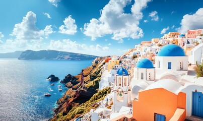 Watercolor View of Oia town and aegean sea in Santorini island in Greece. Cyclades islands, Santorini Greek landscape