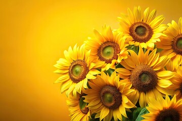 Obraz premium Close-up shot of a large bunch of sunflowers against a yellow background, yellow background, happy flowers, yellow petals